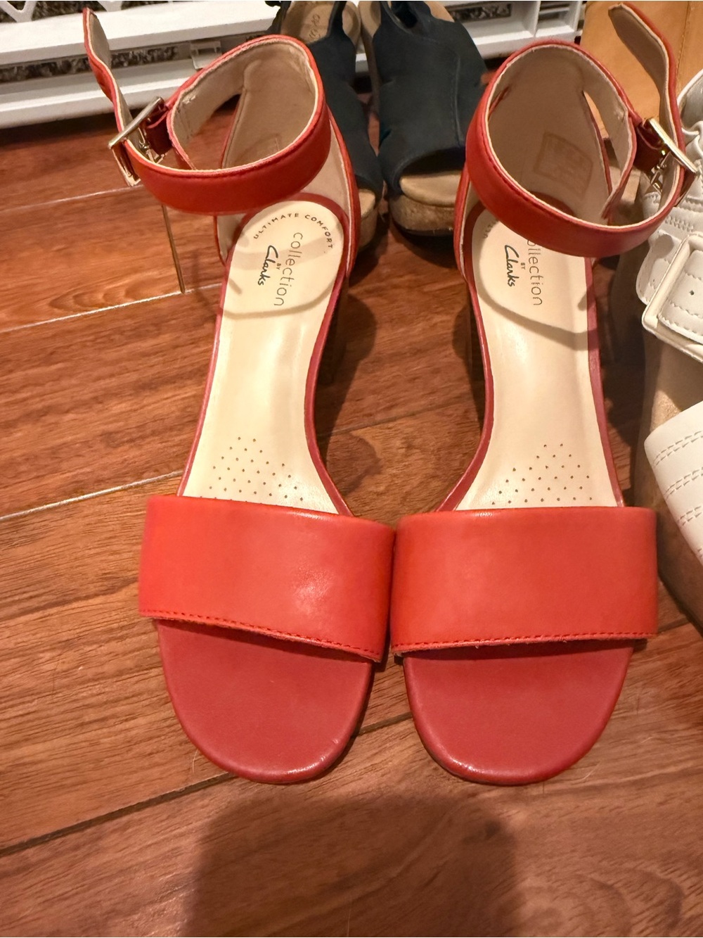 Clarks Coral Red Ankle-Strap Block Heel Sandals